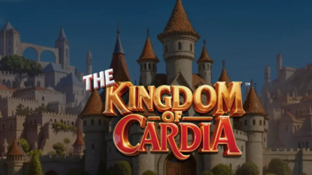 The Kingdom of Cardia slot game interface showing whimsical garden theme and playing card symbols.