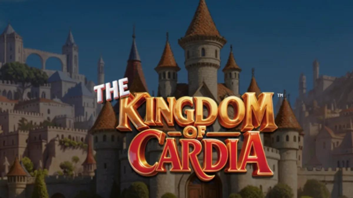 The Kingdom of Cardia slot game interface showing whimsical garden theme and playing card symbols.